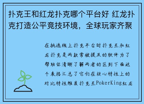 扑克王和红龙扑克哪个平台好 红龙扑克打造公平竞技环境，全球玩家齐聚高端防作弊平台